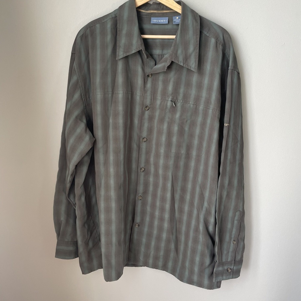 Quest Mens Button Down‎ Athletic Shirt Long Sleeve Green Plaid Size XL EUC